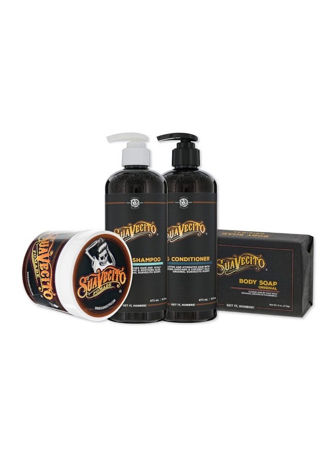 Uavecito Hair & Body Essentials Bundle: Original Hold Hair Styling Pomade Moisturizing Body Soap Hydrating Shampoo & Nourishing Conditioner