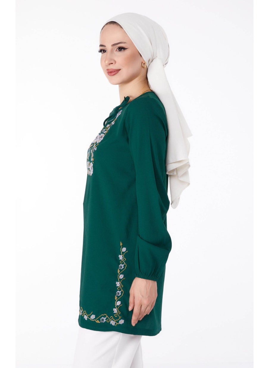 Plain Tie Collar Women's Green Embroidered Tunic - 13185