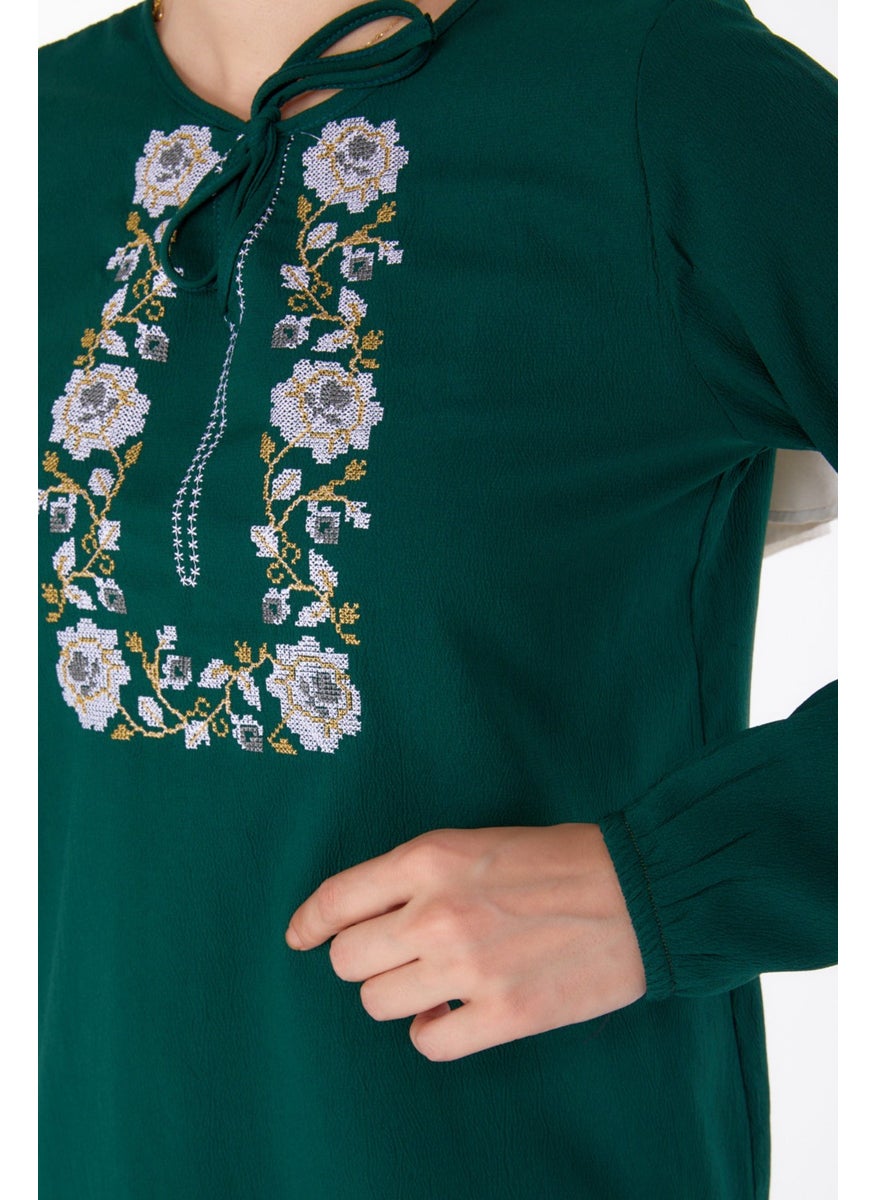 Plain Tie Collar Women's Green Embroidered Tunic - 13185