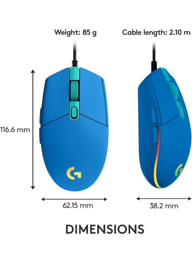 G203 2nd Gen Wired Gaming Mouse, 8,000 DPI, Rainbow Optical Effect LIGHTSYNC RGB, 6 Programmable Buttons, On-Board Memory, Screen Mapping, PC/Mac Computer and Laptop Compatible - Blue