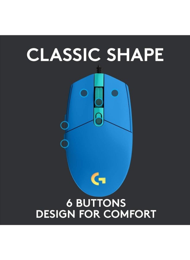 G203 2nd Gen Wired Gaming Mouse, 8,000 DPI, Rainbow Optical Effect LIGHTSYNC RGB, 6 Programmable Buttons, On-Board Memory, Screen Mapping, PC/Mac Computer and Laptop Compatible - Blue