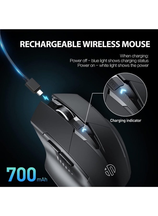 Wireless Mouse, [Upgraded: Battery Level Visible] Large Ergonomic Rechargeable 2.4G Optical PC Laptop Cordless Mice with USB Nano Receiver, Black