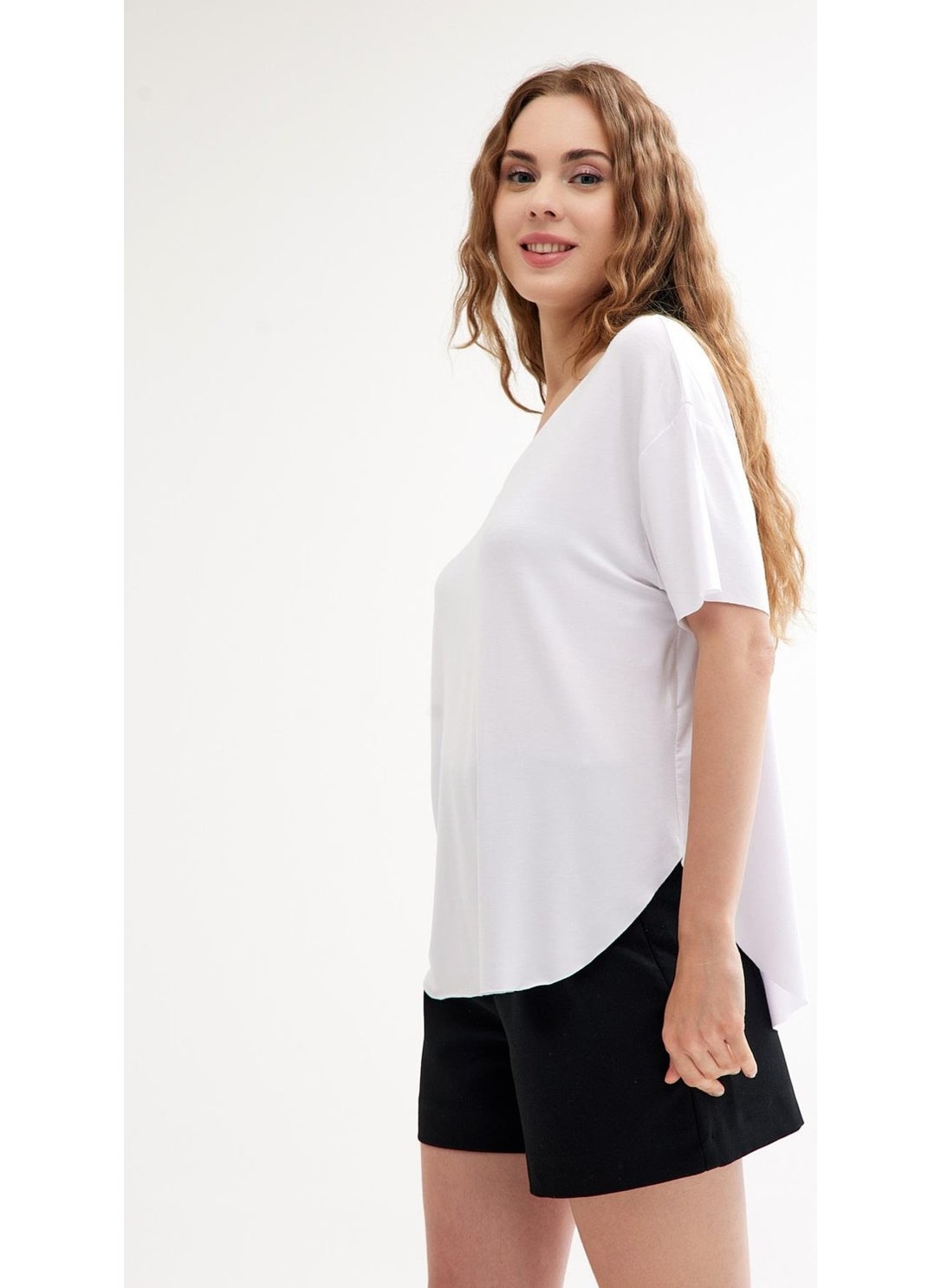 V-Neck Basic Cotton Slit Detailed T-Shirt