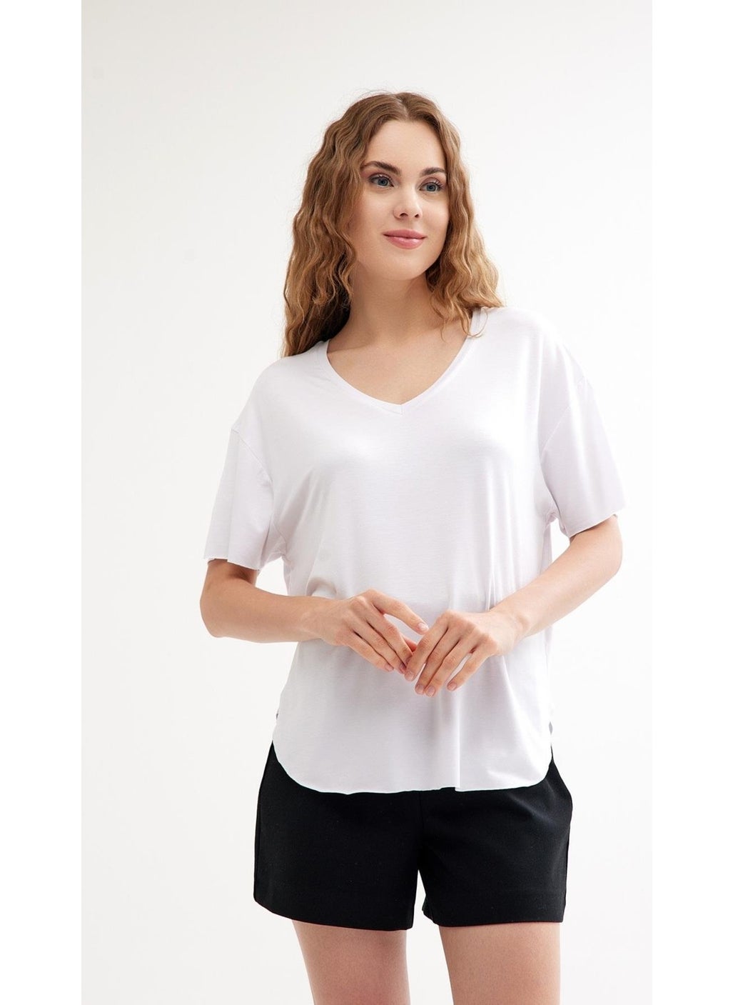 V-Neck Basic Cotton Slit Detailed T-Shirt