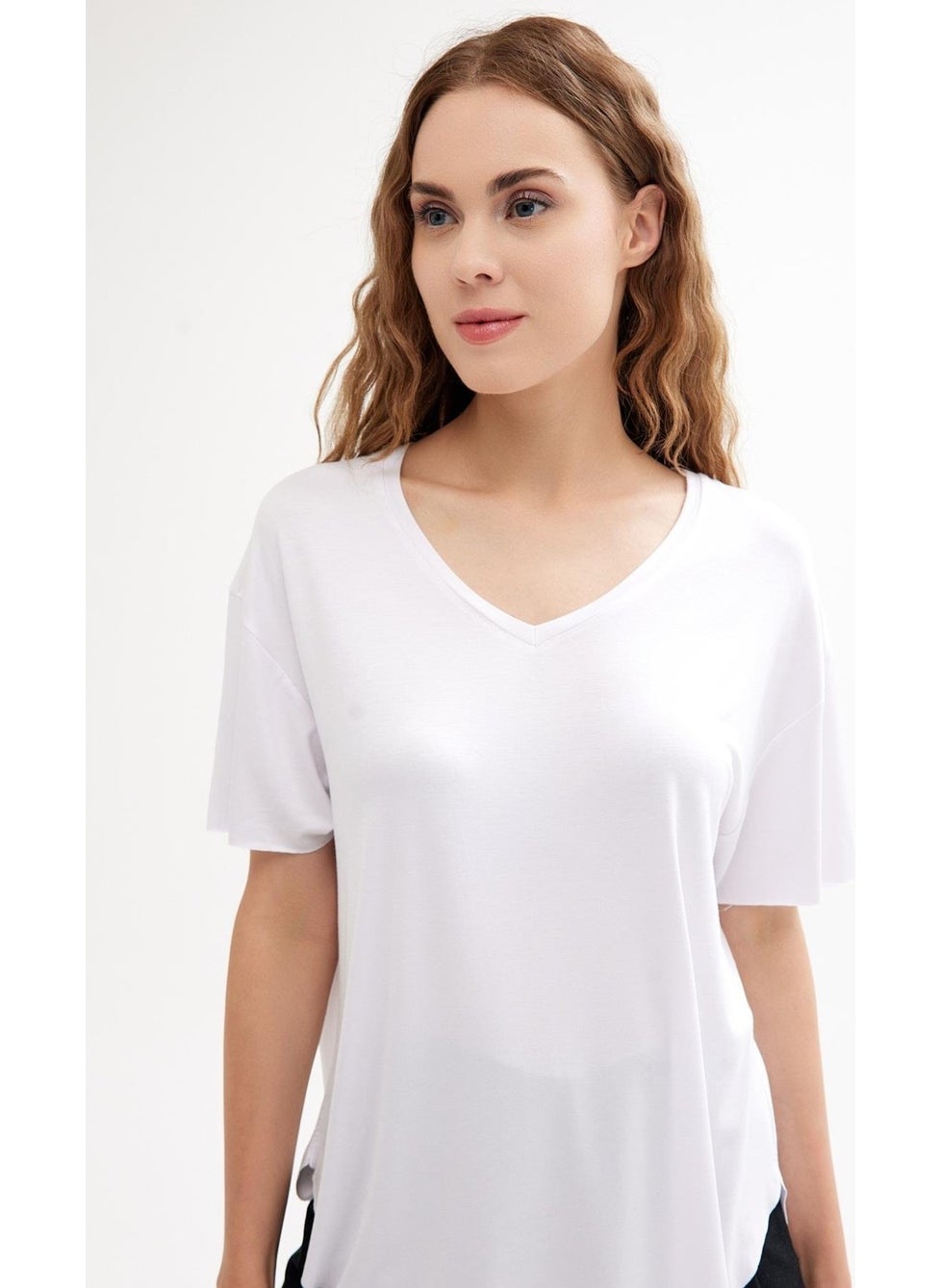 V-Neck Basic Cotton Slit Detailed T-Shirt