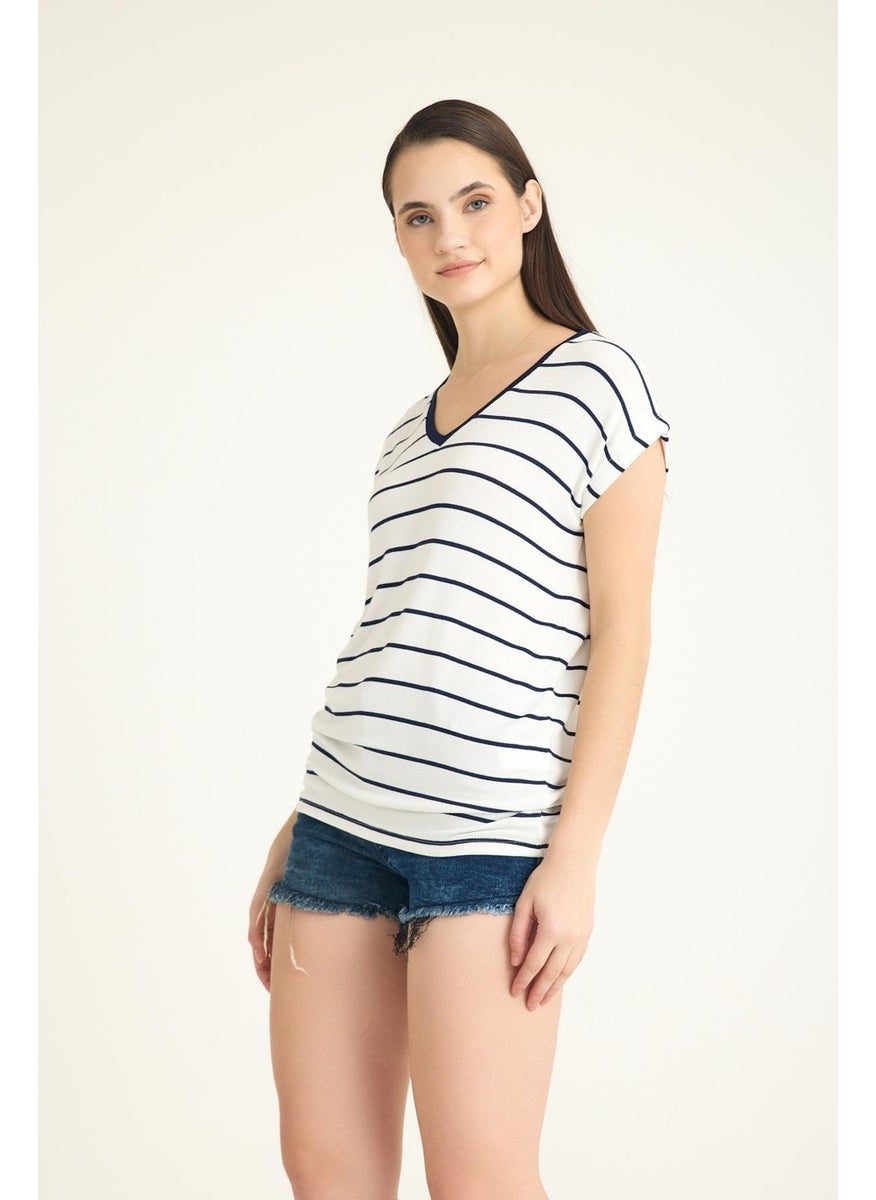 V Neck Striped Mercerized Flowy T-Shirt