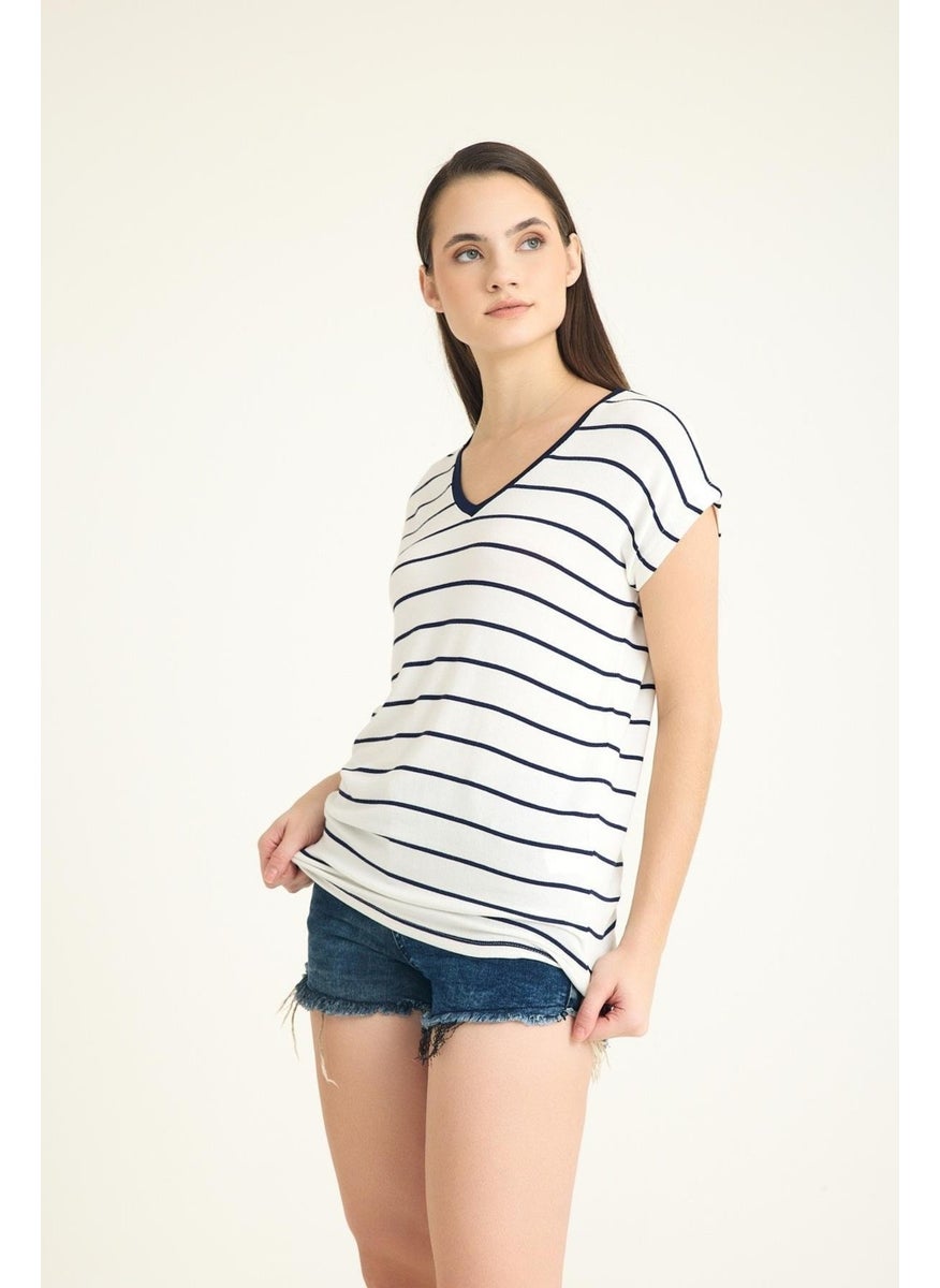 V Neck Striped Mercerized Flowy T-Shirt