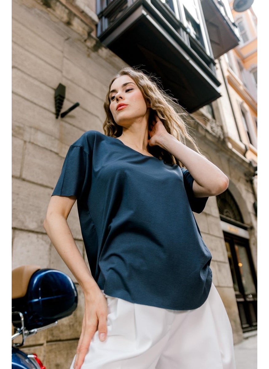 V-Neck Basic Cotton Slit Detailed T-Shirt