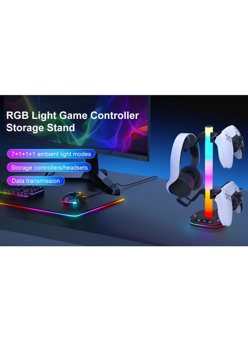 RGB Headphone Stand，Gaming Controller Holder，Desk Gaming Headset Holder with 10 Light Mode 2 USB Charging and 1 Type-C，Memory Feature for Gamers PC Earphone Accessories Desk