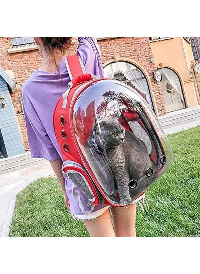 Portable Multi-Air Vents Transparent Waterproof Light-Weight Gleam Travel Bag Cum Carrier Space Astronaut Capsule Backpack For Cats, Dogs, And Pets (Red)