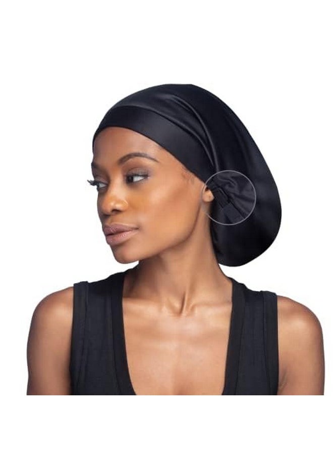 Satin Lined Adjustable Sleep Cap - Sleeping Caps For Women To Protect Hair, Satin Band Edge, Silk Bonnet Black