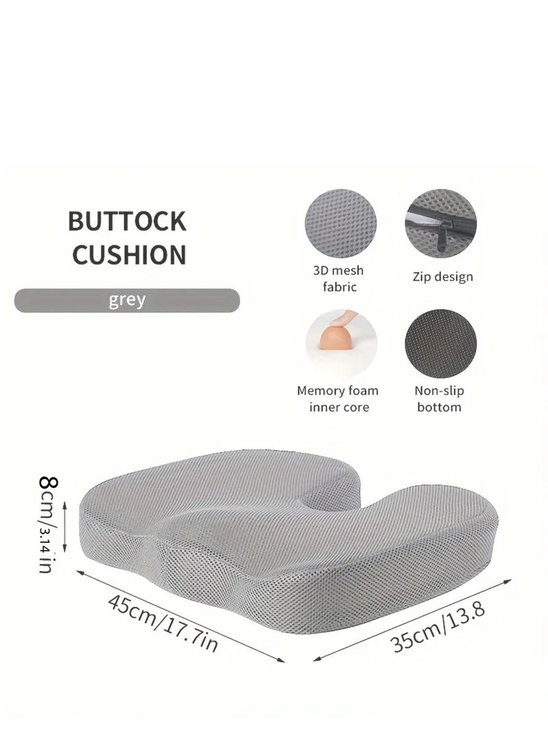 Orthopedic U-Shaped Seat Cushion Comfortable Chair Pad Memory Foam Cushion with Cover Heat Responsive Chair Seat Pillow Support Bottom Tailbone for Office Home gaming Travelling and long Time Seating 45x35x8 cm Grey