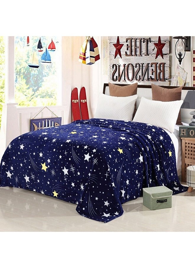 Beautiful Stars Design Soft Fluffier Blanket Microfibre King Size Flannel Stars Printed Bed Blanket Blue/White