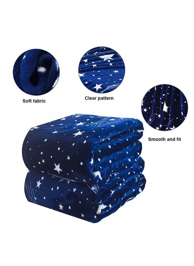 Beautiful Stars Design Soft Fluffier Blanket Microfibre King Size Flannel Stars Printed Bed Blanket Blue/White