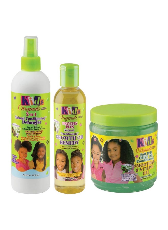 Kids Originals By Africa’S Best No More Knots! Hair Care Bundle - Detangler, Growth Oil, And Olive Oil Styling Gel For Hydration & Easy Styling (12 Oz, 8 Oz, 15 Oz)