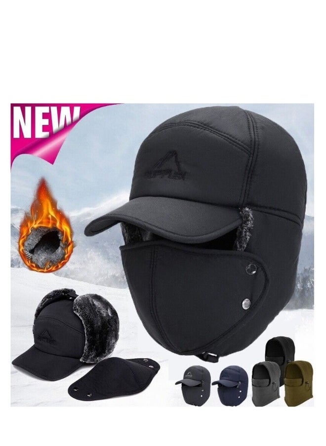 Full Face Winter Warm Hat With Detachable Mask, Men Winter Trapper Hat Snow Hats Thermal Windproof Hunting Skiing Cycling Ear Flaps Cold Weather Caps