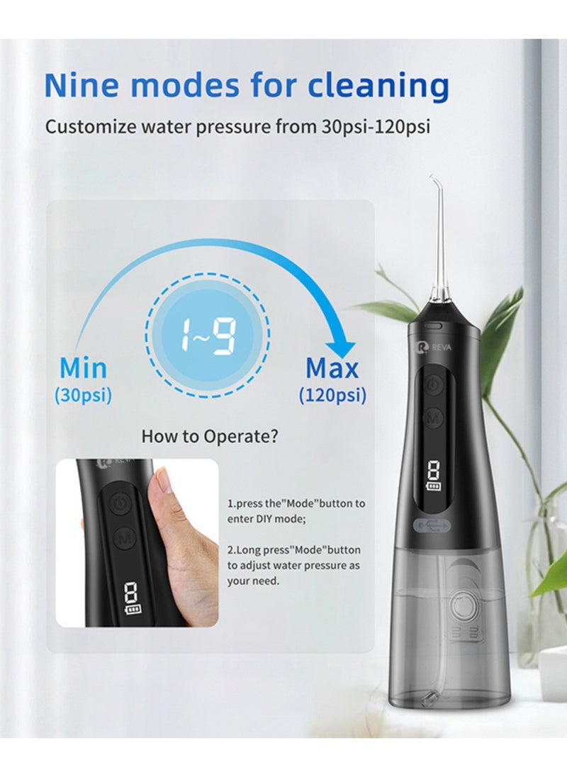 Cordless Water Flosser For Teeth Cleaning Portable Oral Irrigator With 9 Gear Options Scalable 4 Jet Tips IPX7 Waterproof Long-lasting Dental Floss Pick Tool Kit 350ML-Black