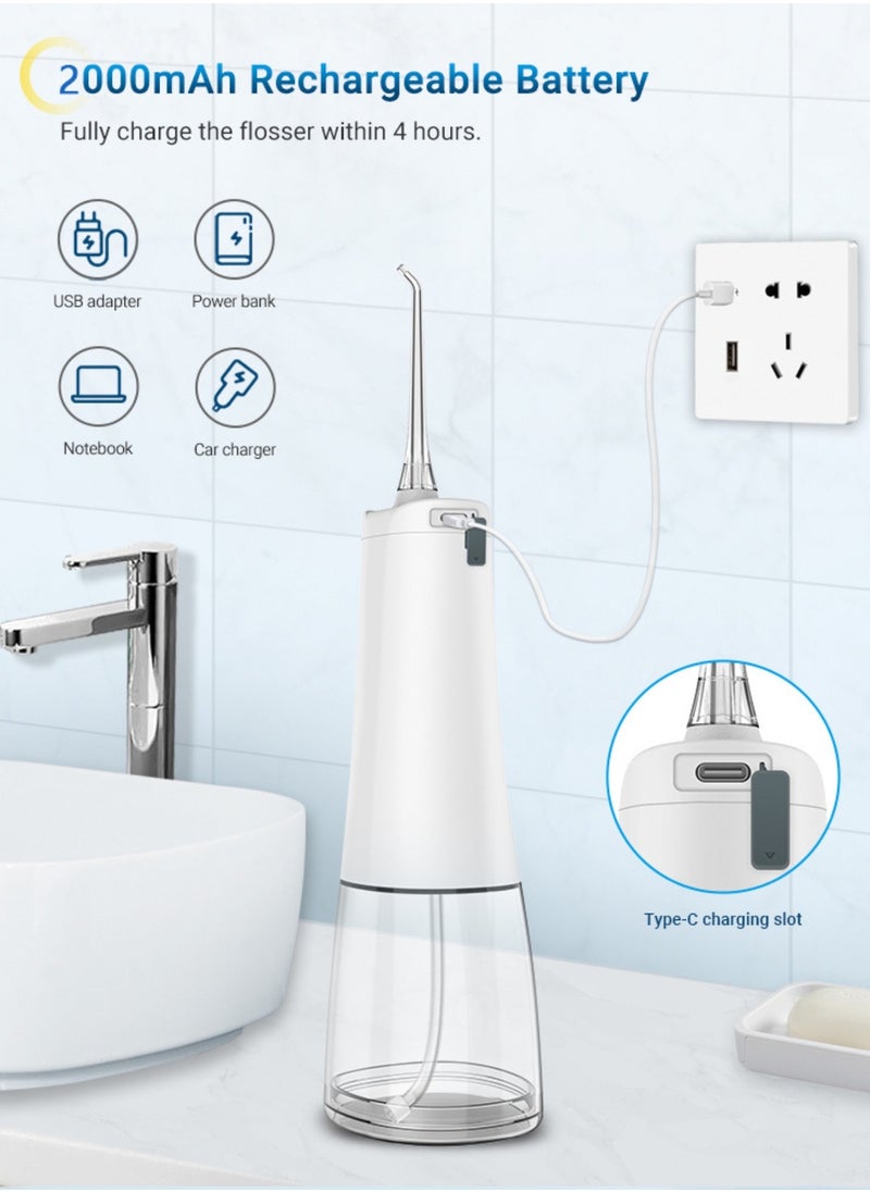 Cordless Water Flosser For Teeth Cleaning Portable Oral Irrigator With 4 Modes Scalable 4 Jet Tips IPX7 Waterproof Long-lasting Dental Floss Pick Tool Kit 300ML-White