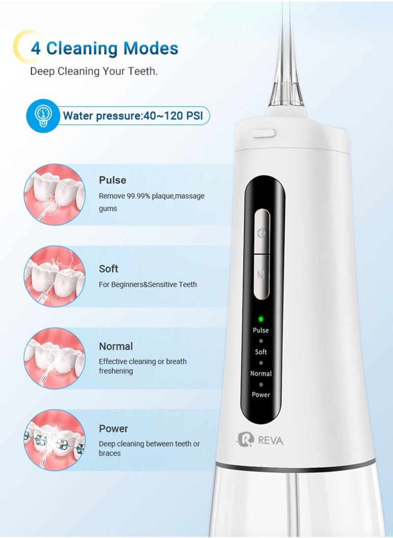 Cordless Water Flosser For Teeth Cleaning Portable Oral Irrigator With 4 Modes Scalable 4 Jet Tips IPX7 Waterproof Long-lasting Dental Floss Pick Tool Kit 300ML-White