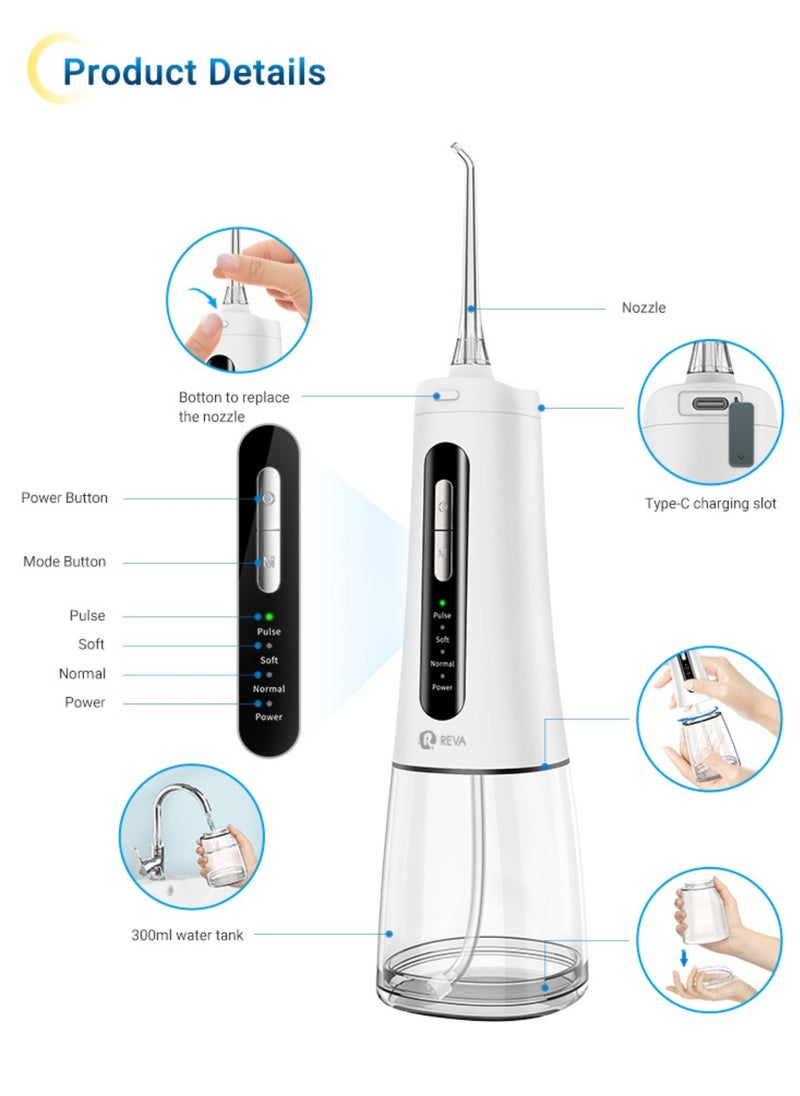 Cordless Water Flosser For Teeth Cleaning Portable Oral Irrigator With 4 Modes Scalable 4 Jet Tips IPX7 Waterproof Long-lasting Dental Floss Pick Tool Kit 300ML-White