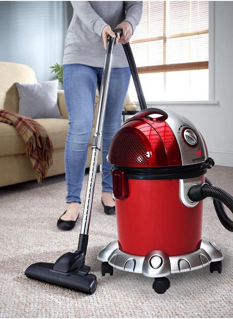 MEBASHI Wet & Dry Drum Vacuum Cleaner with Cyclone System,1600W. 15L Capacity, and Washable HEPA Filter – (DVC1005)