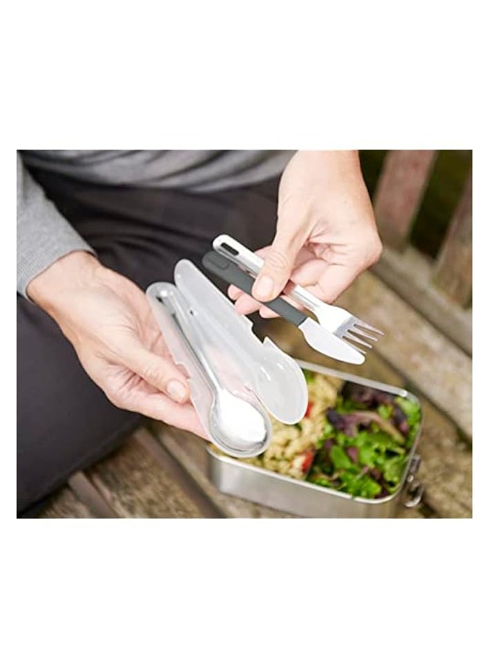 Stainless-Steel Travel Cutlery Set for 1, Reusable Knife, Fork and Spoon Set with case for Lunch Box, Camping, Outdoor, Grey