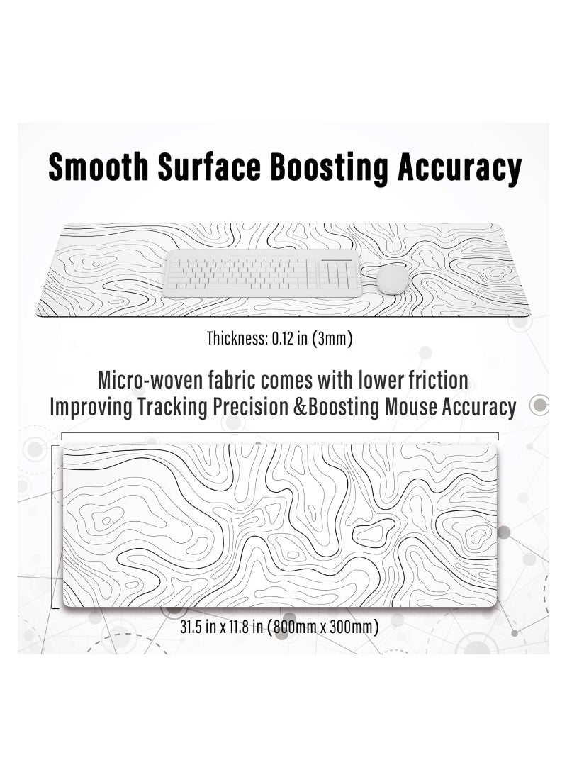 Large Gaming Mouse Pad with Stitched Edges, Minimalist Topographic Map Desk Mat, Extended XL Mousepad with Anti-Slip Base, Cool Desk Pad for Keyboard and Mouse, 31.5 x 11.8 in, White