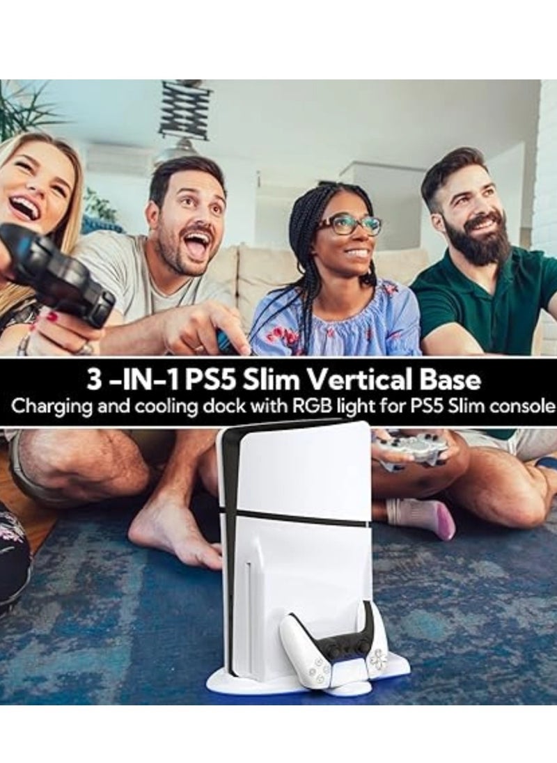 PS5 Slim Stand and Cooling Station with RGB LED Charging Station for PS5 Slim Console Cooling Dock with 3-Level Cooling Fan and Dual PS5 Controller or PS5 Edge Controller Charger