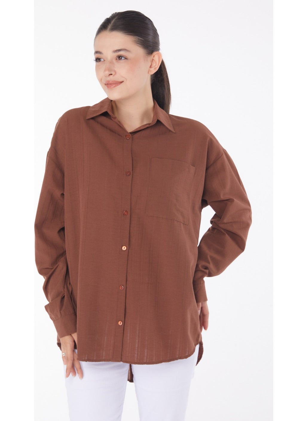 Plain Shirt Collar Women's Brown Single Pocket Shirt - 25905