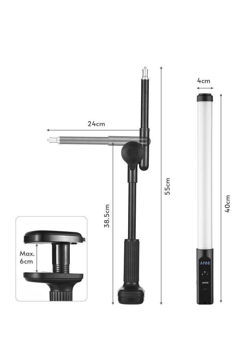 Handheld RGB Tube Light, with Desktop Clip-on Light Stand, Remote Control LED Video Light Wand, 3200K-5500K, Dimmable, 9 Colorful Lighting Effects, Built-in Battery, for Vlog Live Streaming Product