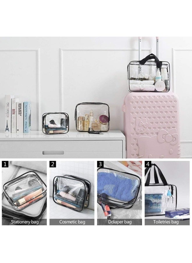 3Pcs Clear Cosmetic Bag Vinyl Air Travel Toiletry Bags Bulk, Water Resistant PVC Packing Cubes with Zipper Closure & Carry Handle for Women Baby Men, Make up brush Case Beach Pool Spa Gym Bag, Black