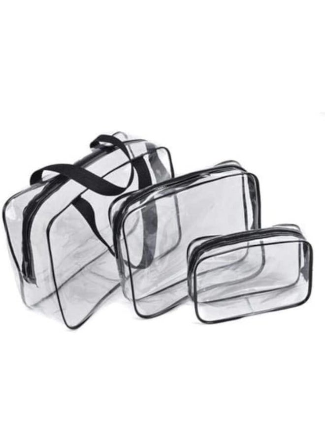 3Pcs Clear Cosmetic Bag Vinyl Air Travel Toiletry Bags Bulk, Water Resistant PVC Packing Cubes with Zipper Closure & Carry Handle for Women Baby Men, Make up brush Case Beach Pool Spa Gym Bag, Black