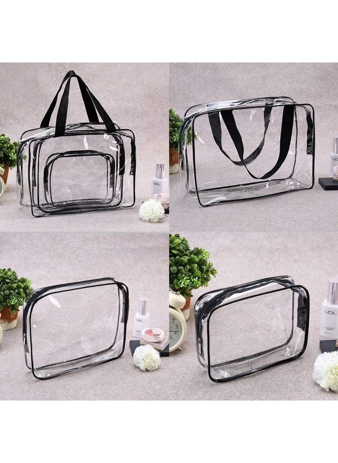 3Pcs Clear Cosmetic Bag Vinyl Air Travel Toiletry Bags Bulk, Water Resistant PVC Packing Cubes with Zipper Closure & Carry Handle for Women Baby Men, Make up brush Case Beach Pool Spa Gym Bag, Black