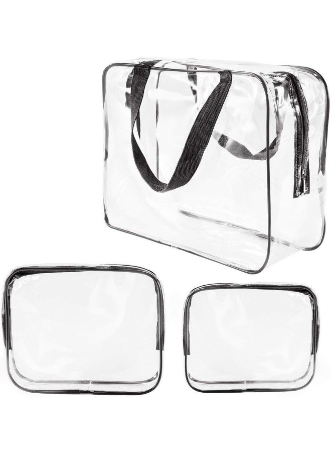 3Pcs Clear Cosmetic Bag Vinyl Air Travel Toiletry Bags Bulk, Water Resistant PVC Packing Cubes with Zipper Closure & Carry Handle for Women Baby Men, Make up brush Case Beach Pool Spa Gym Bag, Black