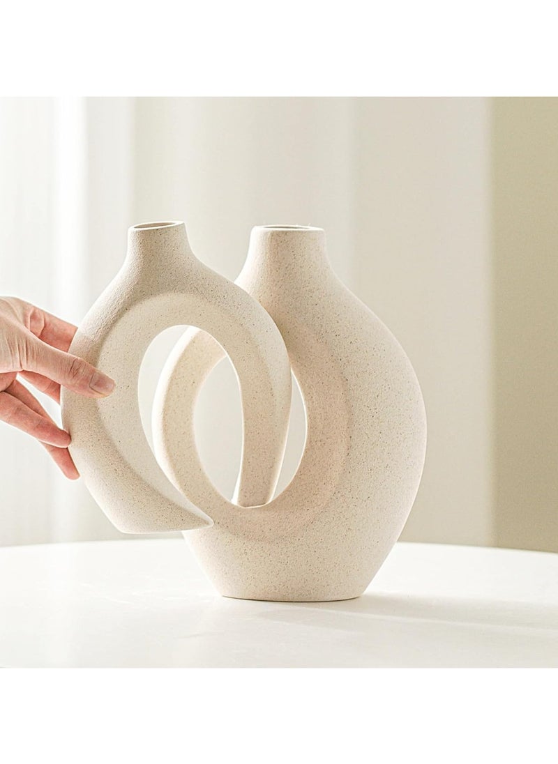 Hollow Ceramic Vase Set of 2, Ceramic Vase for Modern Home Decor, White Boho Donut Vases Nordic Minimalist Decorative Vase for Table Centerpiece Wedding Dining Living Room Office House Decoration