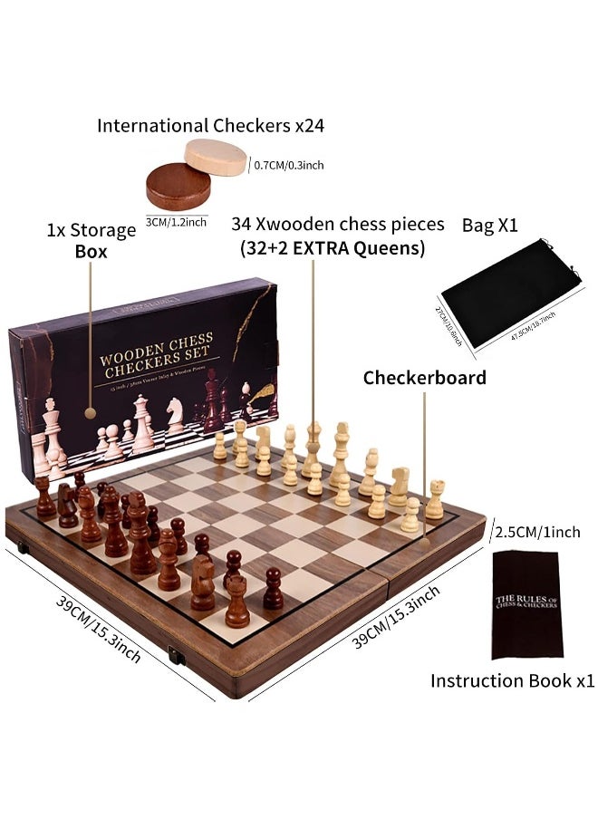 Chess Sets,15 Inch Magnetic Wooden Chess Set, Board Game for Adults and Kids, with 24 Checkers Pieces Extra & 2 Extra Queens,Portable Travel Chess Board Game Sets (39×39 cm)