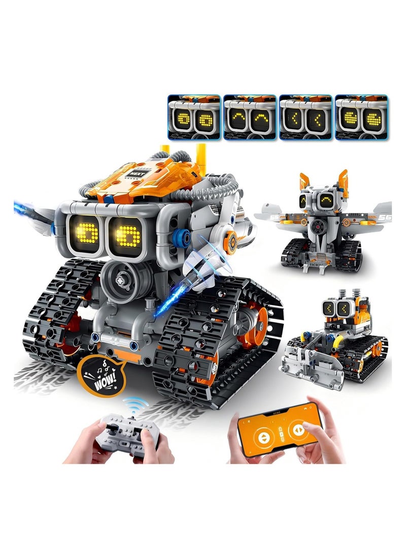 Changeable Expression Robot Building Blocks Set - 3 in 1 Remote Control and APP Support Robot Building Blocks Toy with Sound Effects, Rechargeable Remote Control Robot Birthday Gift for Boys and Girls Over 6 Years Old (Moon Exploration Robot)