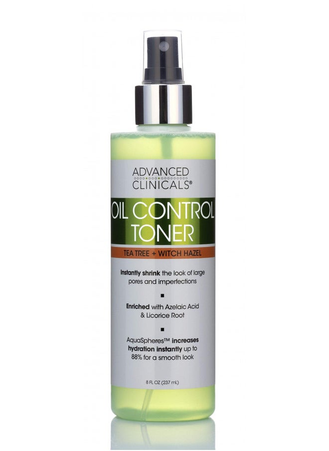 Advanced Clinicals Oil Control Purifying Facial Mist Toner. Hydrating, Non-Greasy Tea Tree Oil, Witch Hazel Toner W/Aloe Vera Face Mist Cleans Pores & Clears Acne All Skin Types, 8 Fl Oz (Pack of 1)