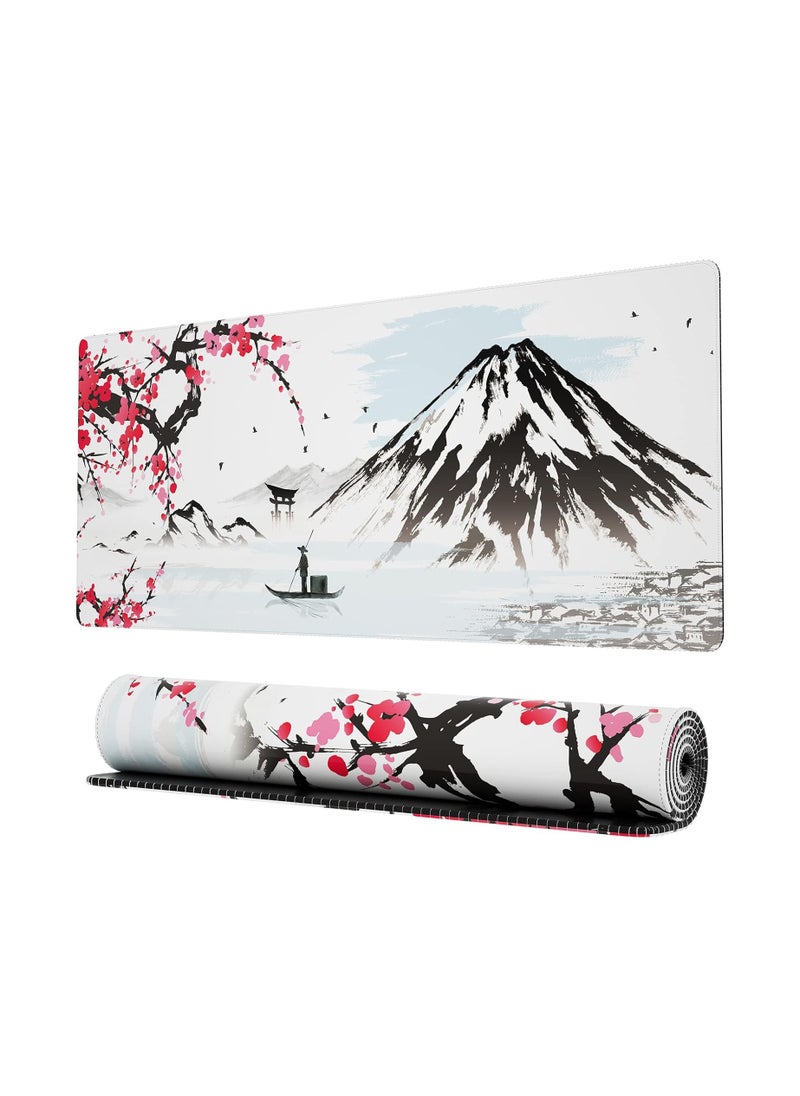 Japanese Mountains with Cherry Blossom Extended Gaming Computer Mouse Pad, Cute Anime Mouse Pad for Desk, Kawaii Desk Mat for Keyboard and Mouse, Black and White, 31.5 x 11.8 x 0.12 inches