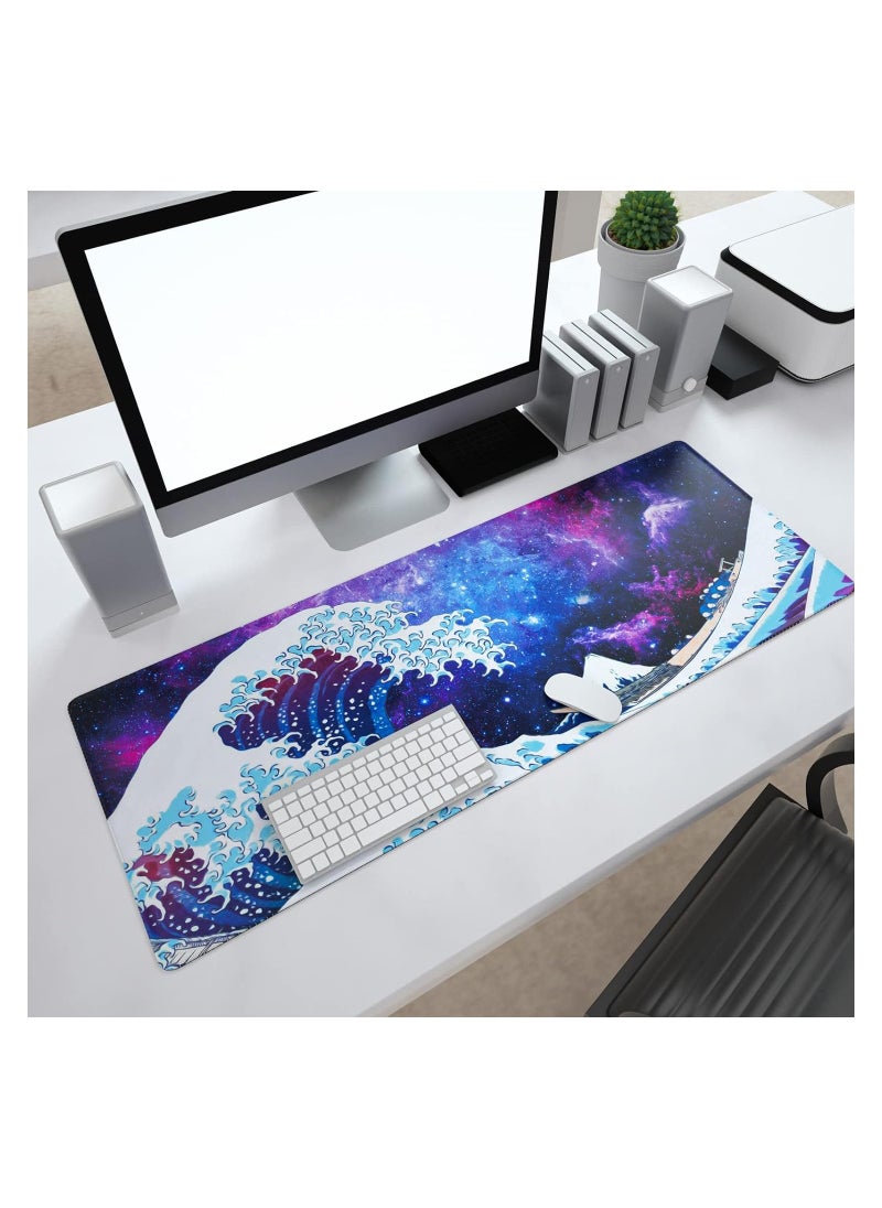 Large Gaming Mouse Pad with Stitched Edges, Japanese Great Wave Desk Mat, Extended XL Mousepad with Anti-Slip Base, Cool Anime Desk Pad for Keyboard and Mouse, 31.5 x 11.8 in, Blue