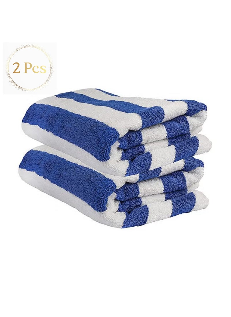 Pack Of 2 - Beach Towel - 100% Cotton 600 GSM Over Sized (90x180cm), Highly Absorbent Bath Sheet For Pool, Beach, Fitness, Sports, Yoga, Color-Striped Blue