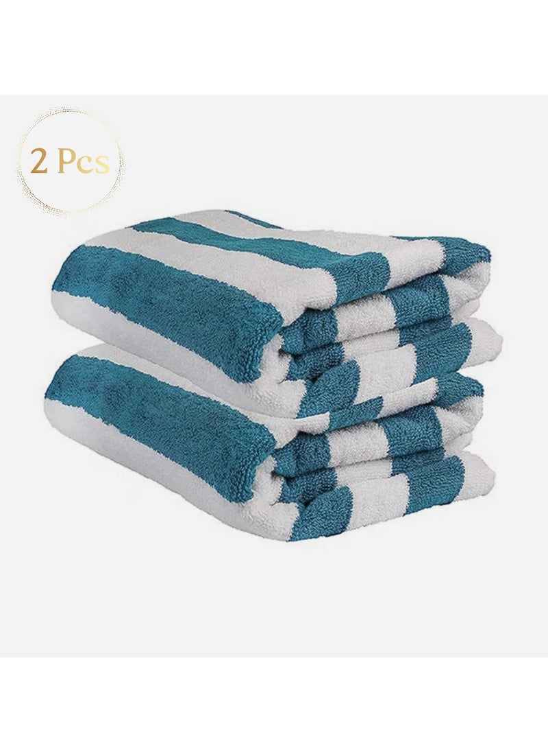 Pack Of 2 - Beach Towel - 100% Cotton 600 GSM Over Sized (90x180cm), Highly Absorbent Bath Sheet For Pool, Beach, Fitness, Sports, Yoga, Color-Striped Turkish Blue