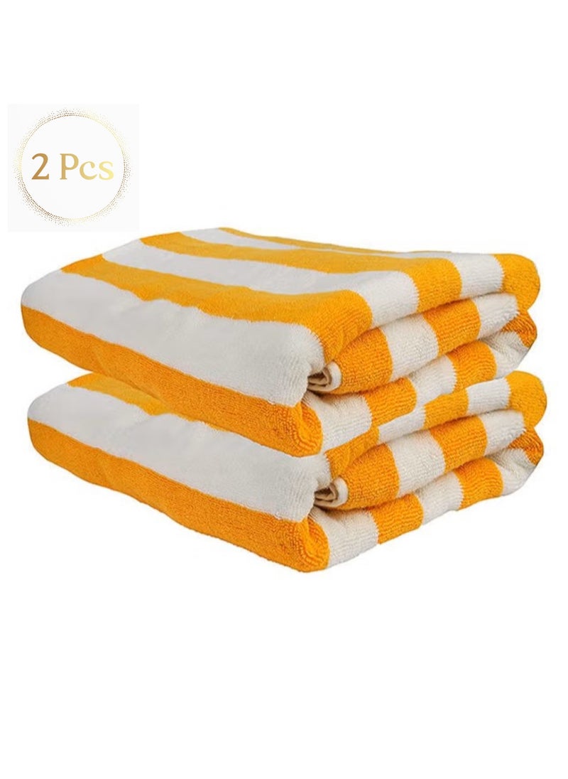 Pack of 2 - Beach Towel - 100% Cotton 600 GSM Over Sized (90x180cm), Highly Absorbent Bath Sheet For Pool, Beach, Fitness, Sports, Yoga, Color-Striped Yellow