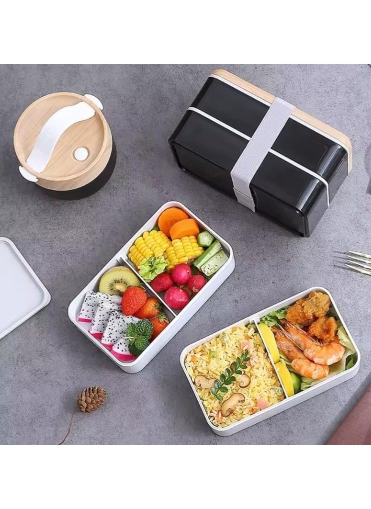 Bento Box, Adult Lunch Box with Compartments for Women & Men,(47oz) Stackable Japanese Bento Lunchbox,Rectangle Lunchable Food Container with Utensil Set (Black)