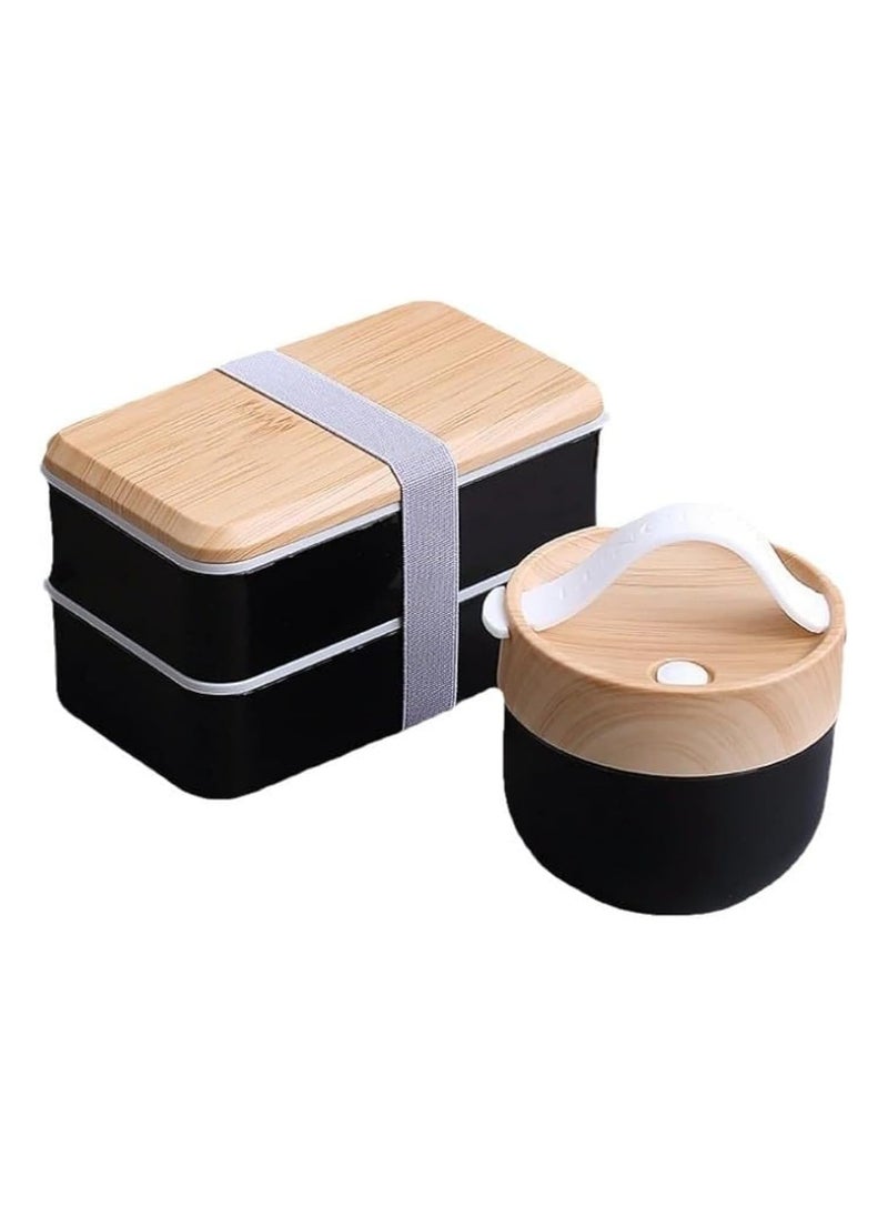 Bento Box, Adult Lunch Box with Compartments for Women & Men,(47oz) Stackable Japanese Bento Lunchbox,Rectangle Lunchable Food Container with Utensil Set (Black)