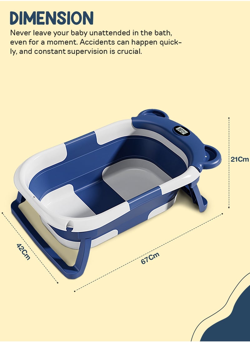 Collapsible Baby Bath Tub for Kids with Temperature Sensing Display Anti Slip Base Drainer Foldable Kids Bathtub for Baby 0 to 3 Years Navy Blue