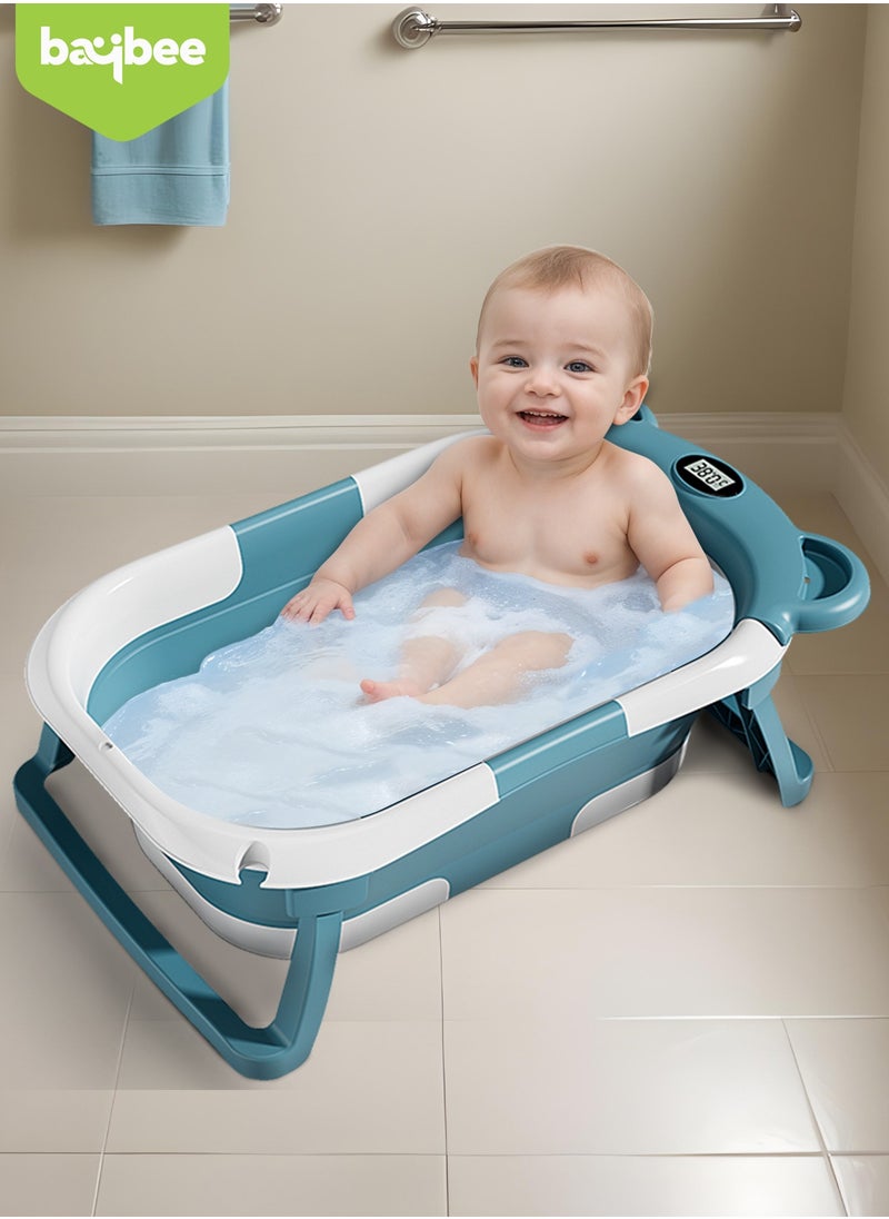 Collapsible Baby Bath Tub for Kids with Temperature Sensing Display Anti Slip Base Drainer Foldable Kids Bathtub for Baby 0 to 3 Years Blue