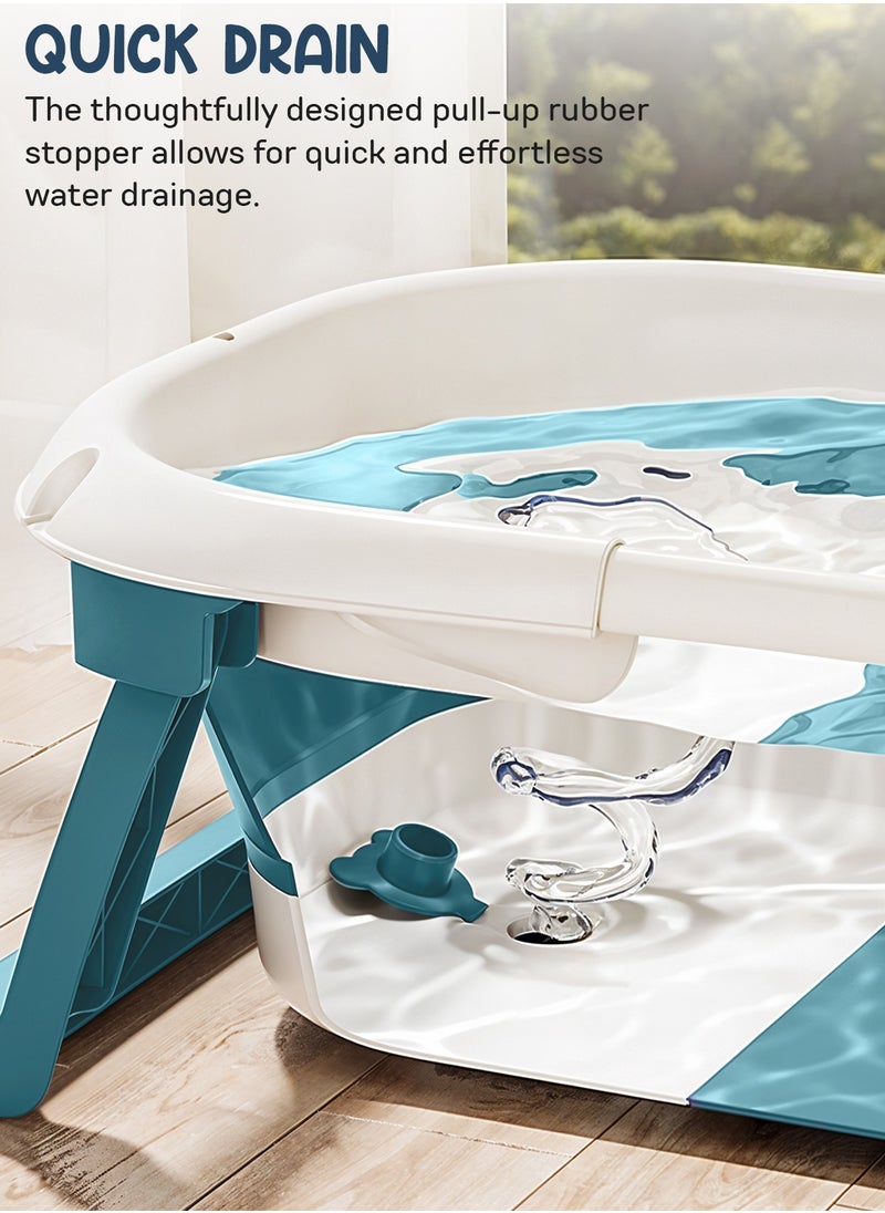 Collapsible Baby Bath Tub for Kids with Temperature Sensing Display Anti Slip Base Drainer Foldable Kids Bathtub for Baby 0 to 3 Years Blue