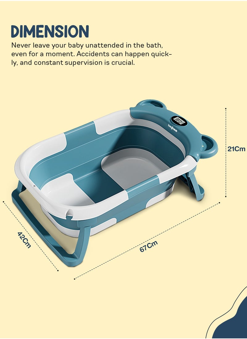 Collapsible Baby Bath Tub for Kids with Temperature Sensing Display Anti Slip Base Drainer Foldable Kids Bathtub for Baby 0 to 3 Years Blue