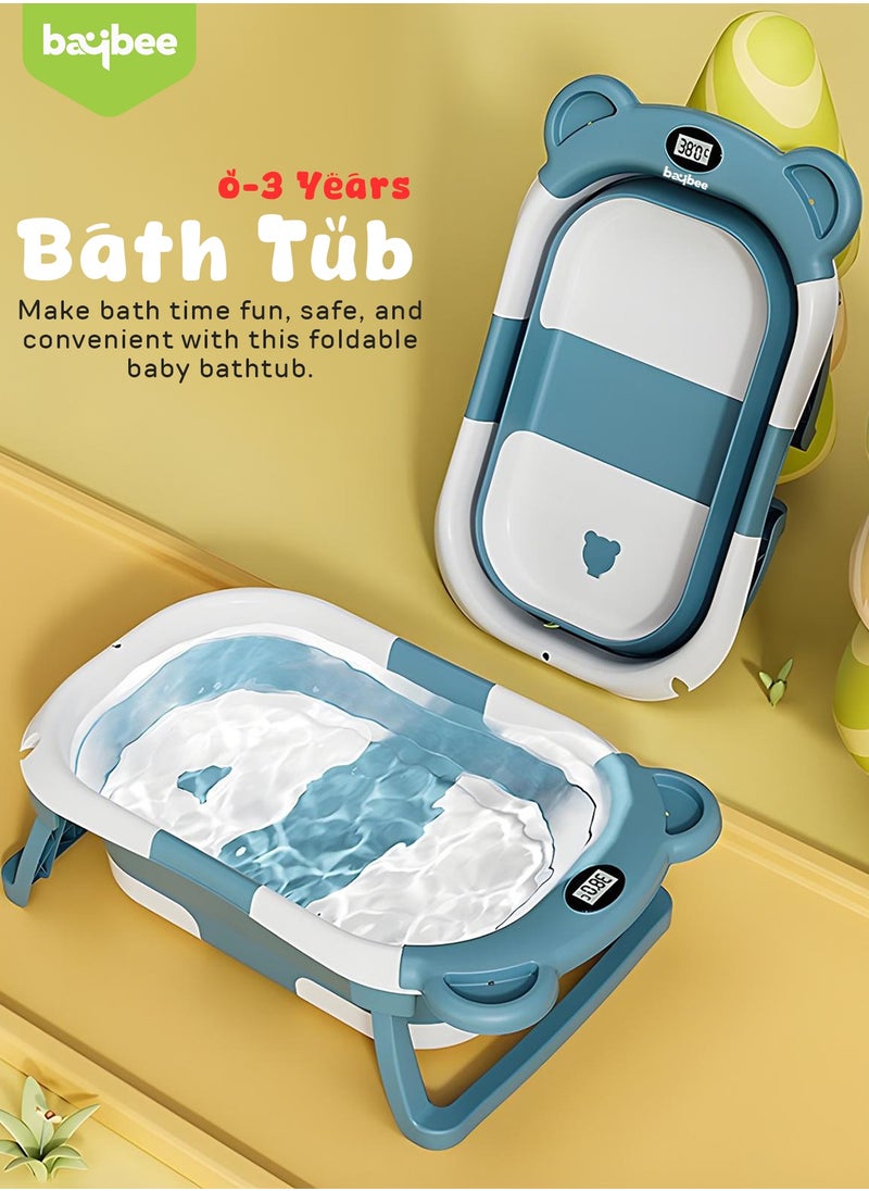 Collapsible Baby Bath Tub for Kids with Temperature Sensing Display Anti Slip Base Drainer Foldable Kids Bathtub for Baby 0 to 3 Years Blue